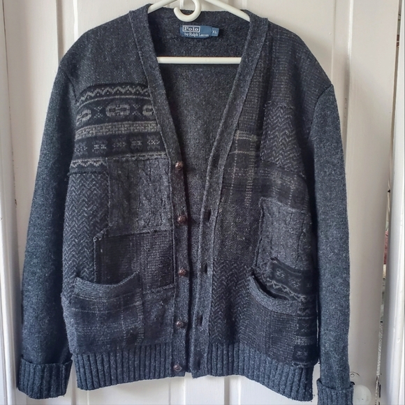 Ralph Lauren Polo Wool Sweater - patterned grey with elbow patches. Size XL - Picture 1 of 4